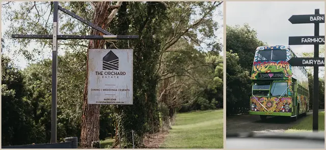 Jess & Rich at The Orchard Estate: The Orchard Estate entrance and a brightly painted bus.