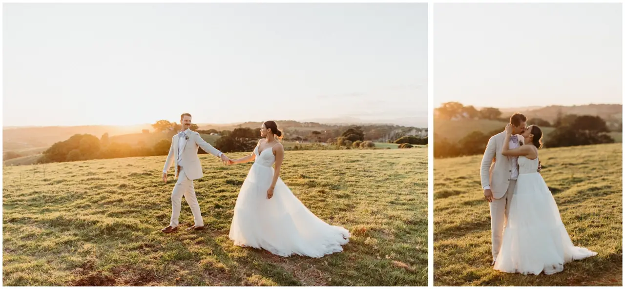 Marty & Nicola at Byron View Farm: Two photographs of the couple together in the paddock at sunset.