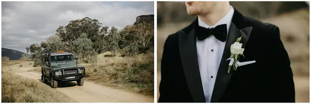 Tom & Josslyn at Emirates One&Only Wolgan Valley: A four-wheel drive in the valley and the groom’s tuxedo details.