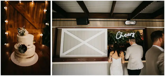 Luke & Cara at Cowbell Creek: The wedding cake and guests at the reception bar.