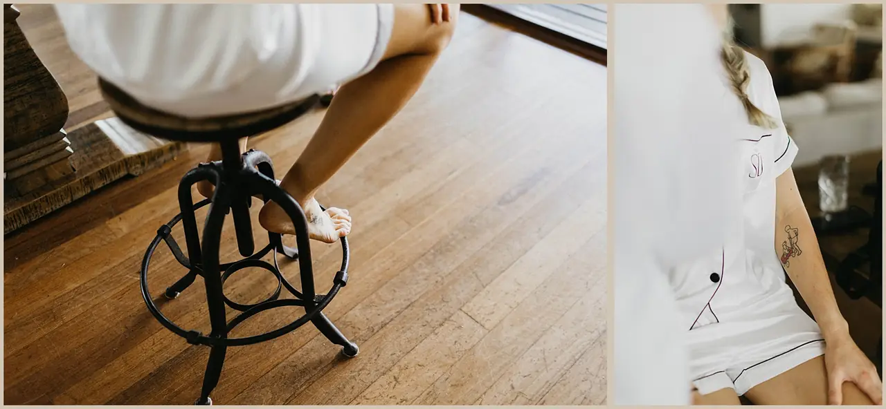 Jess & Rich at The Orchard Estate: Wedding preparation details with shoes and clothing, shown side by side.