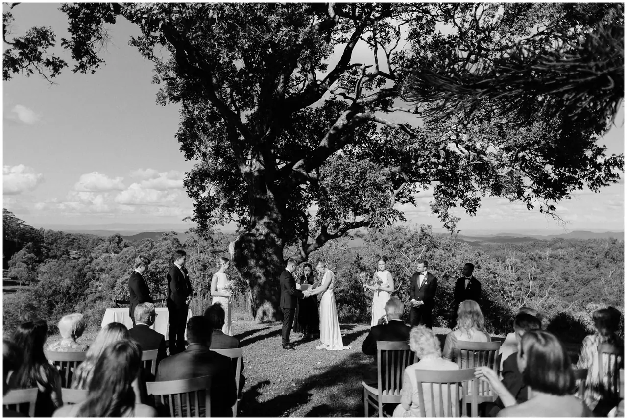 Ella & Jackson at The Woods: The wedding ceremony takes place beneath a large tree.