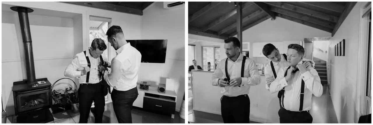 Ella & Jackson at The Woods: Black and white photographs of the groom and friends getting ready.