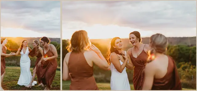 Jess & Rich at The Orchard Estate: The bride and attendants gather in the paddock at sunset.