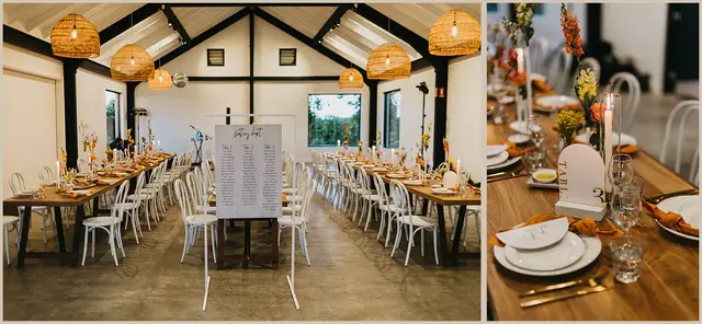 Jess & Rich at The Orchard Estate: Reception tables and place settings inside the venue.