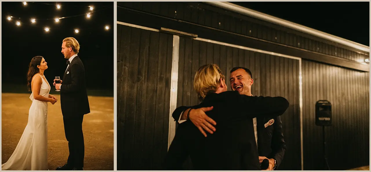 Jess & Rich at The Orchard Estate: The couple share moments together outside the reception building at night.