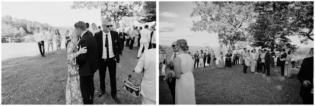 Ella & Jackson at The Woods: Two black and white views of the wedding guests gathered outside.