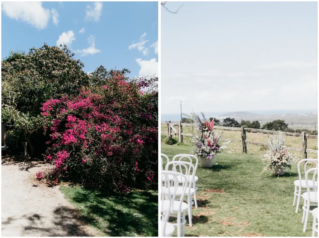 Marty & Nicola at Byron View Farm: Flowering gardens and the outdoor ceremony setting, shown side by side.