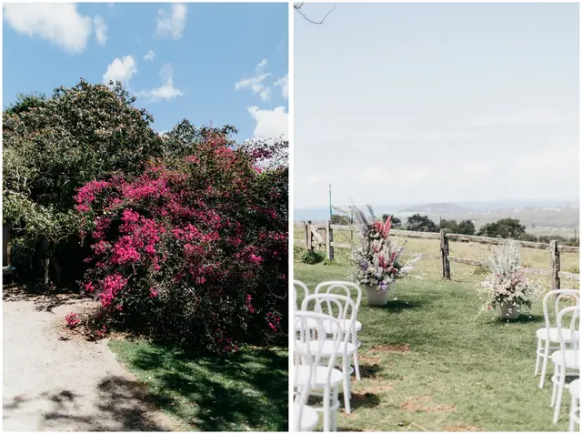 Marty & Nicola at Byron View Farm: Flowering gardens and the outdoor ceremony setting, shown side by side.