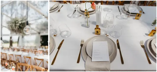 Marty & Nicola at Byron View Farm: Reception flowers and a white place setting, shown side by side.