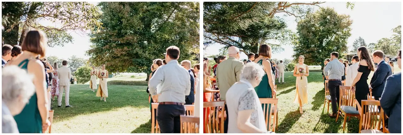 Ella & Jackson at The Woods: Guests watch the bride arrive at the outdoor ceremony.