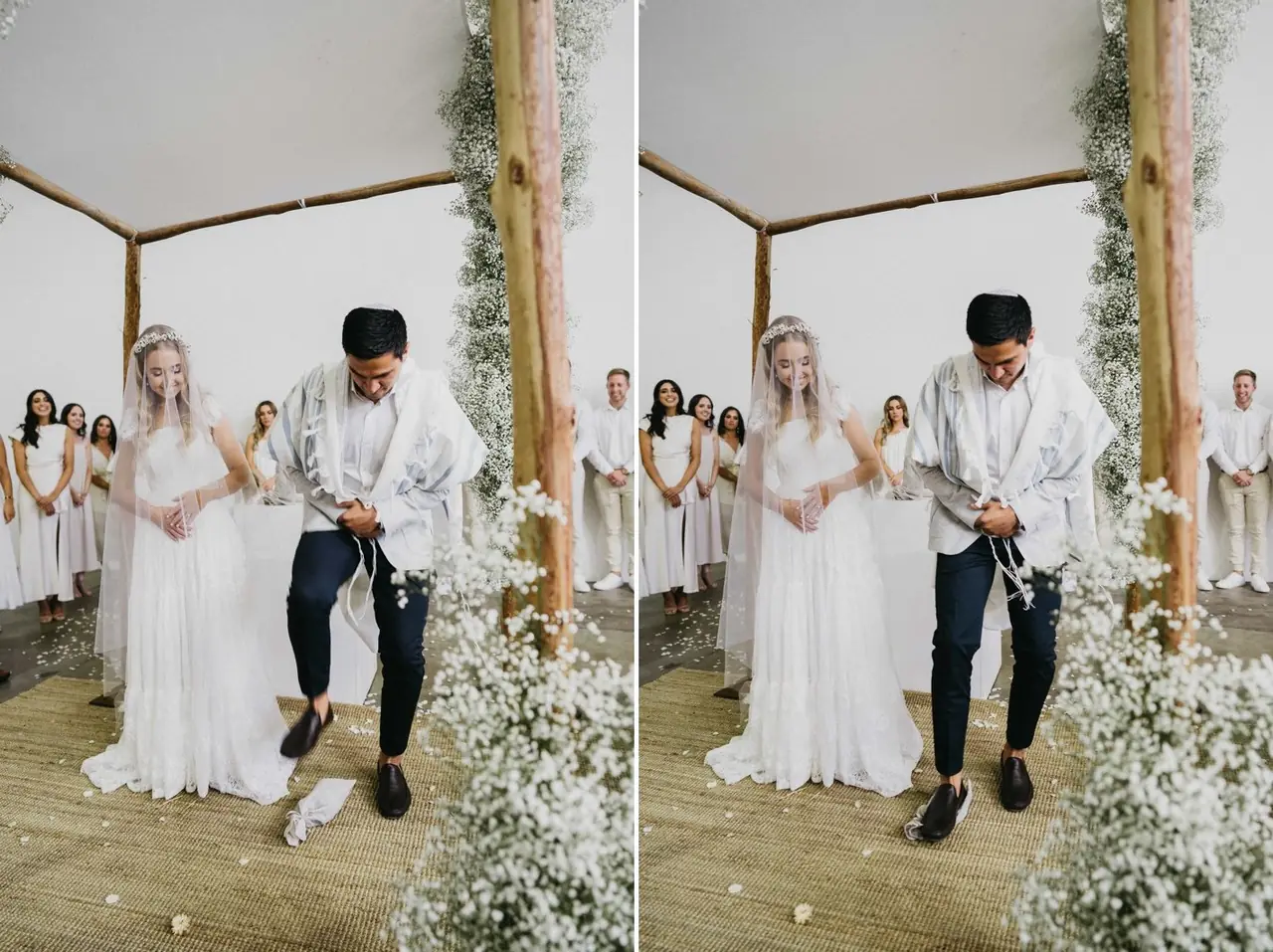 Tali & Jesse at Three Blue Ducks: Two photographs of the groom during the ceremony beneath the chuppah.