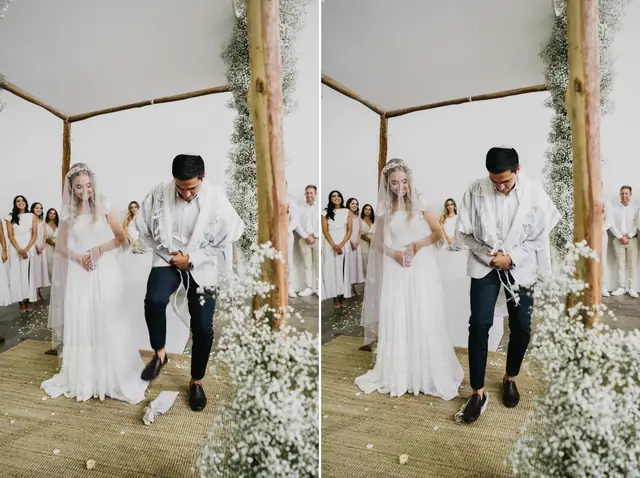 Tali & Jesse at Three Blue Ducks: Two photographs of the groom during the ceremony beneath the chuppah.