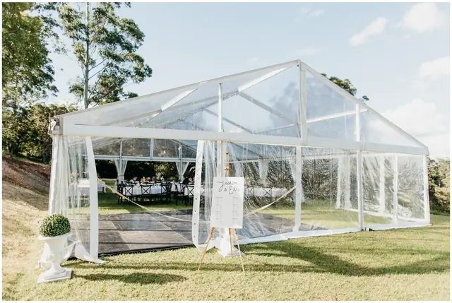 Ella & Jackson at The Woods: A clear marquee stands ready on the lawn.