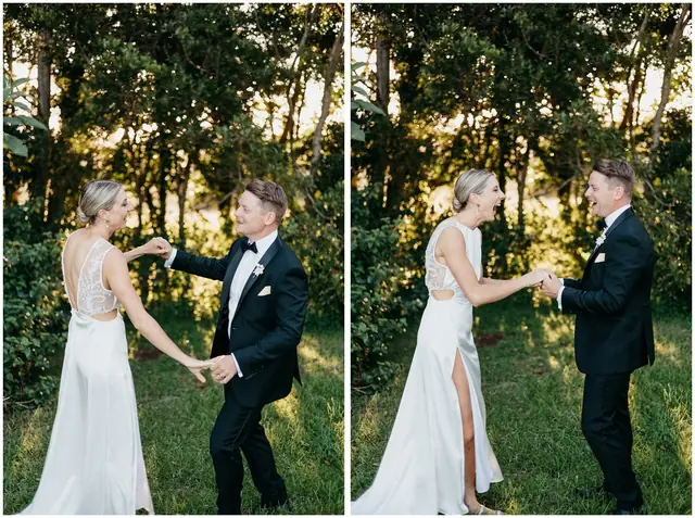 Ella & Jackson at The Woods: The couple hold hands beneath the trees.