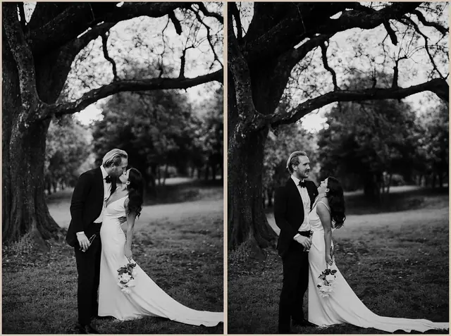 Jess & Rich at The Orchard Estate: Black and white portraits of the couple beneath a large tree.