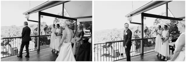 Ella & Jackson at The Woods: The bride and attendants stand on a veranda before the ceremony.